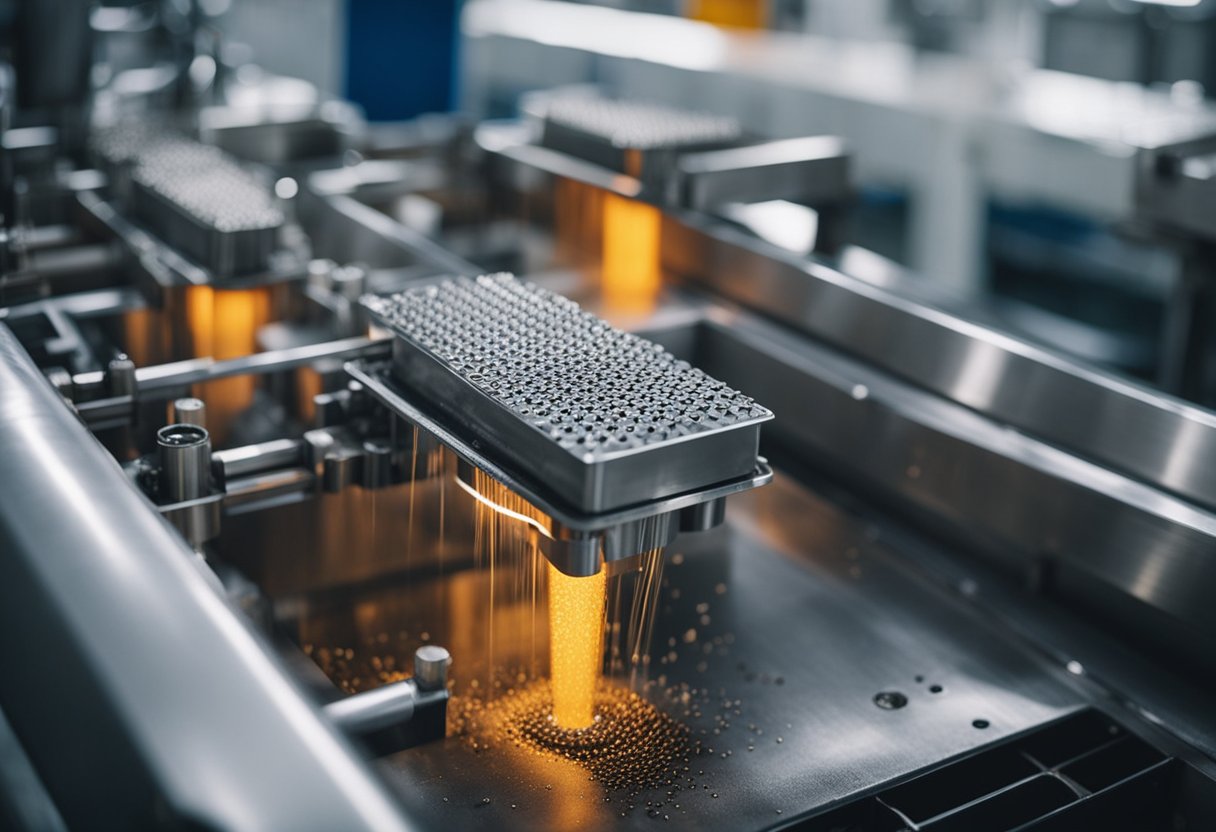 Molten plastic injected into a mold, solidifying into a precise shape. Machinery and conveyor belts in a factory setting