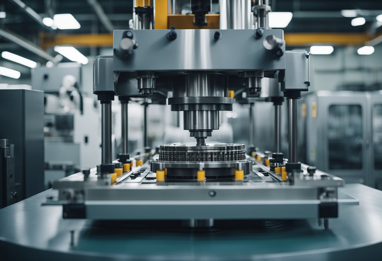 A plastic injection molding machine in a manufacturing facility, with molten plastic being injected into a mold under high pressure