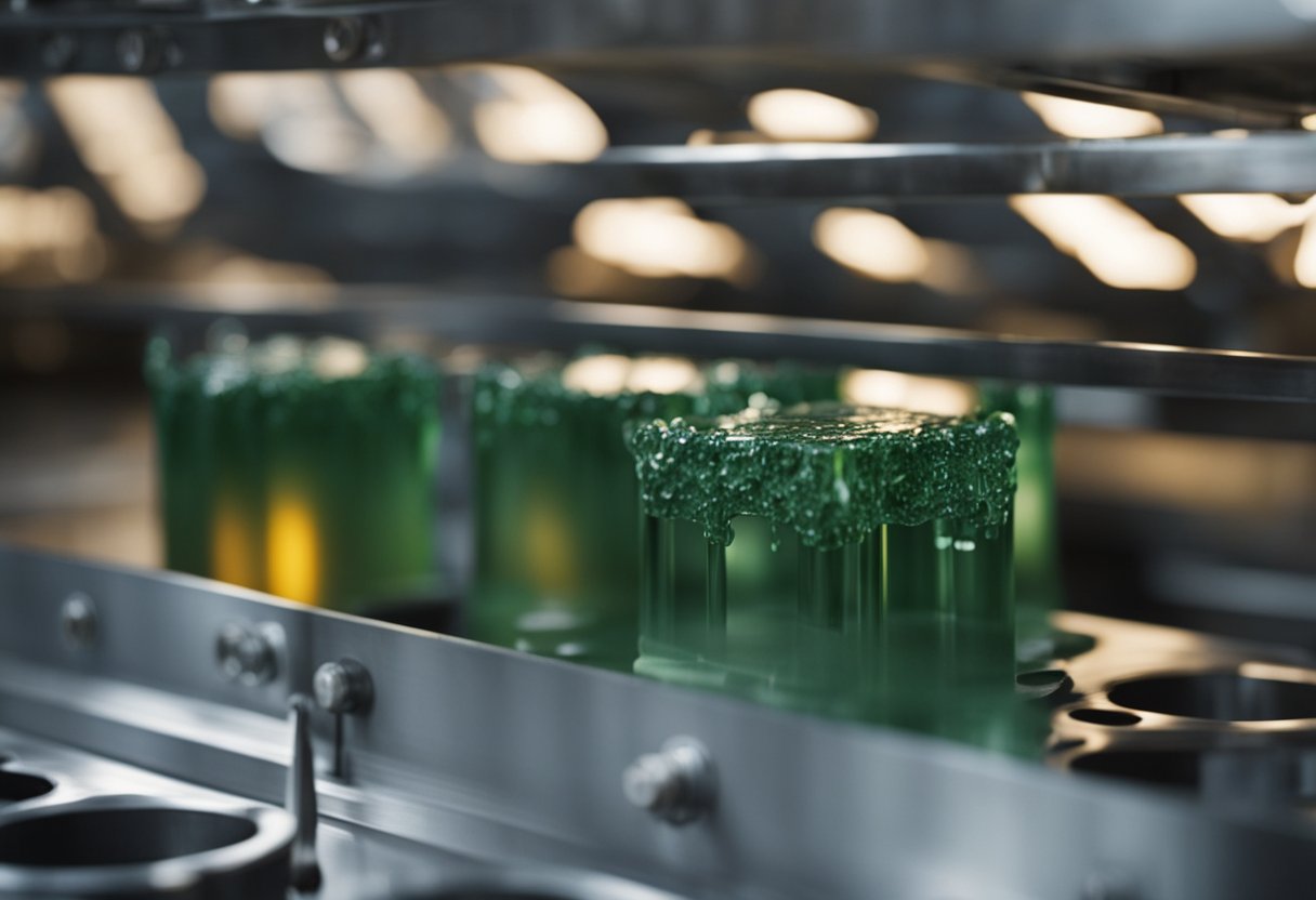 Molten plastic fills a steel mold cavity. Pressure is applied, and the plastic solidifies. The mold opens, revealing a newly formed plastic part