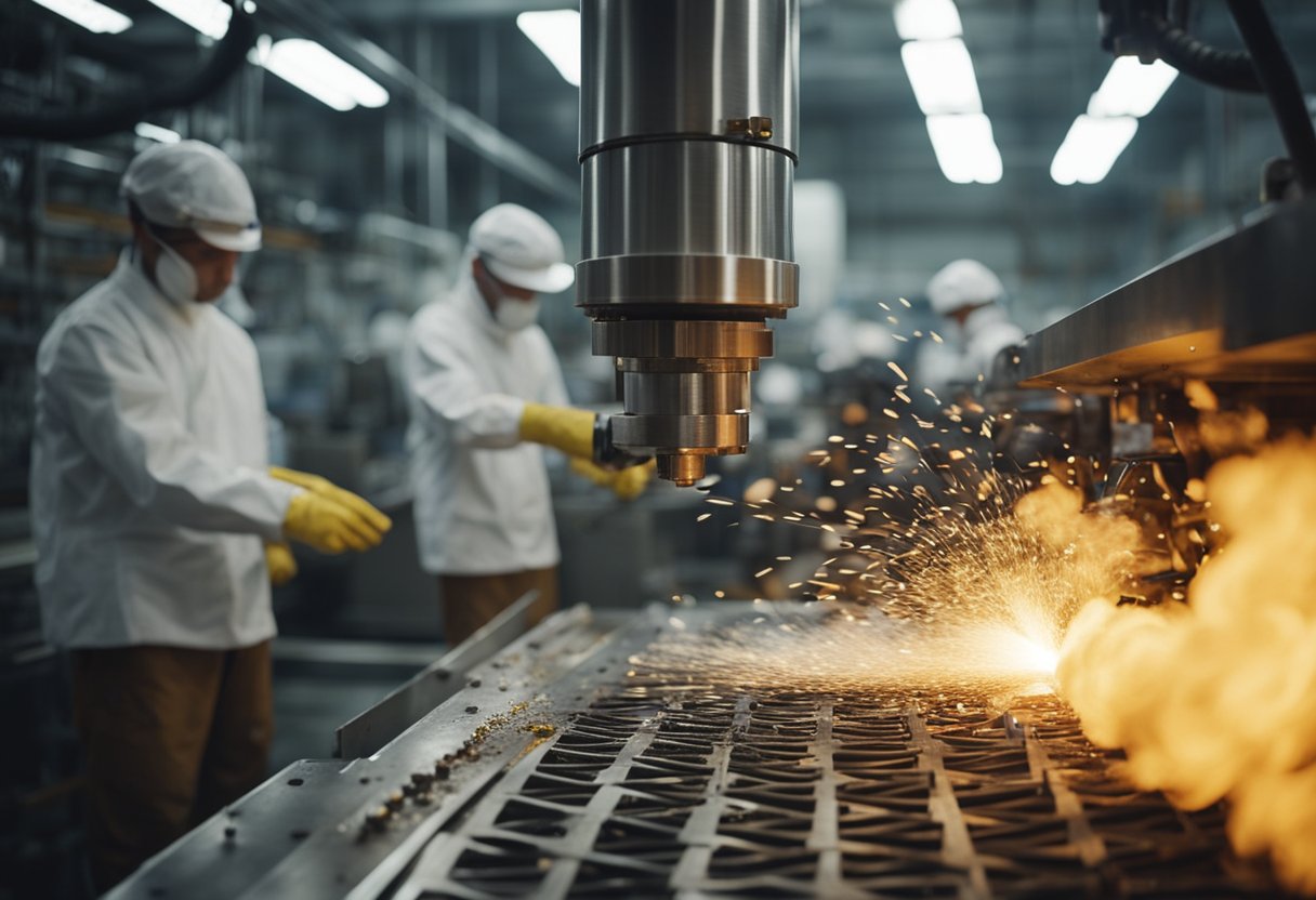 Molten plastic injected into mold cavity, cooled, and ejected. Machinery and workers in a factory setting