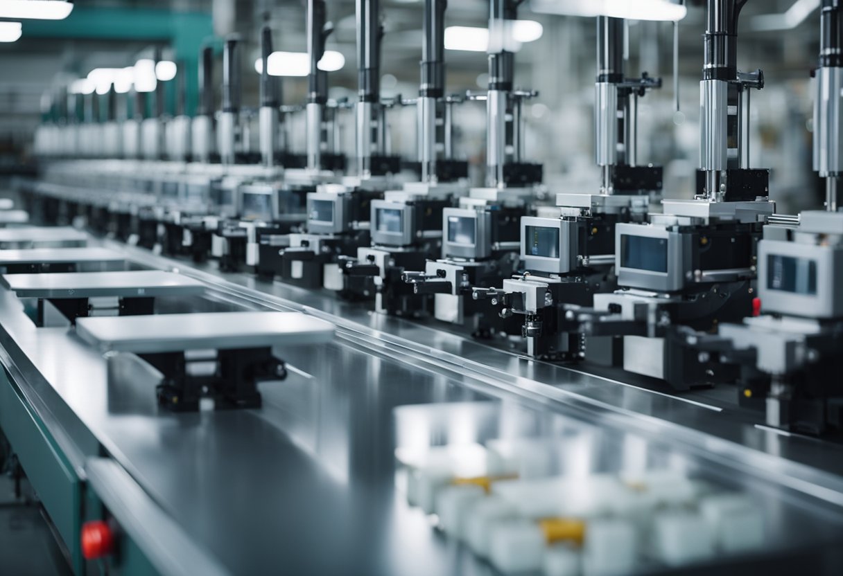 A row of injection molding machines hums in a large manufacturing facility, with robotic arms moving back and forth to remove finished products from the molds