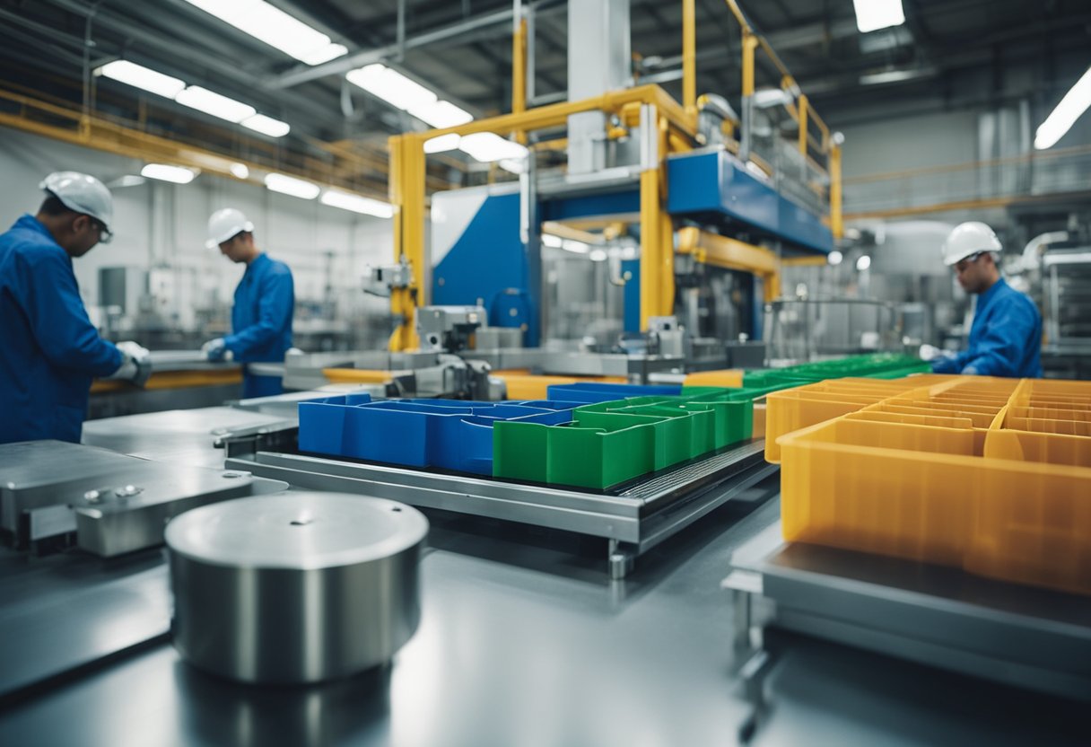 A busy factory floor with workers operating machinery to produce plastic injection molds. Conveyor belts transport materials and finished products