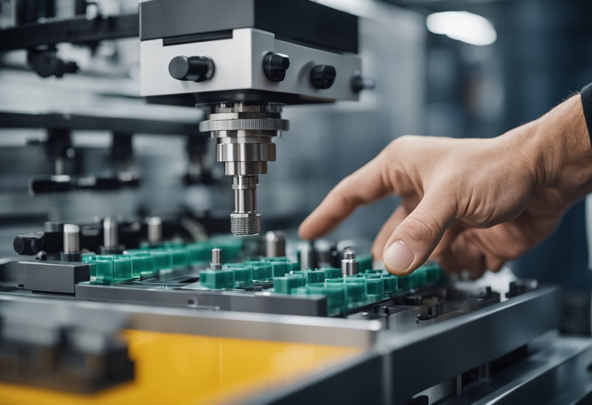 A technician adjusts settings on an injection molding machine while inspecting a plastic mold design for manufacturing considerations