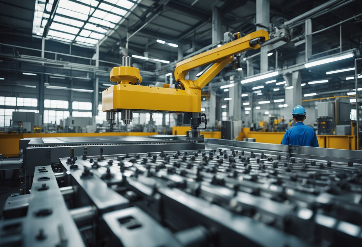 A large injection mold machine in a Chinese factory, surrounded by workers and conveyor belts