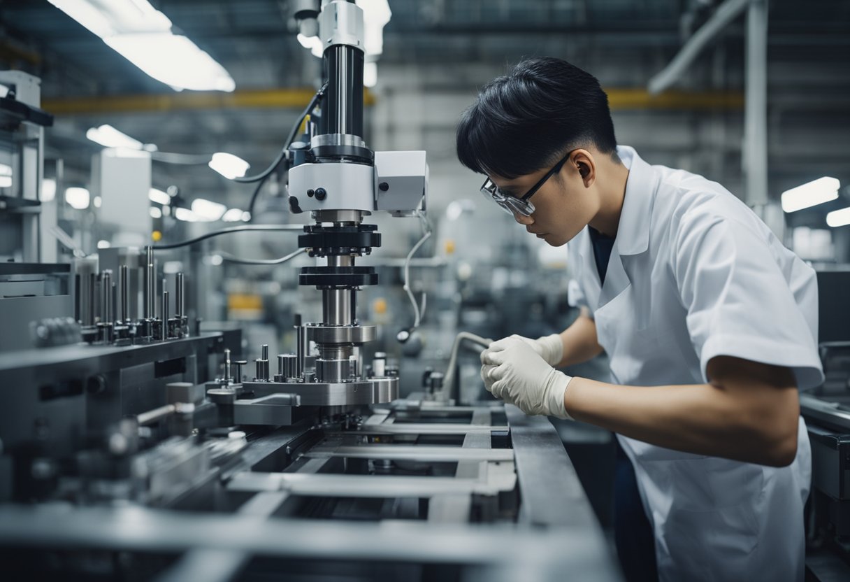 A technician operates an injection molding machine, surrounded by raw materials, molds, and production tools in a Chinese factory