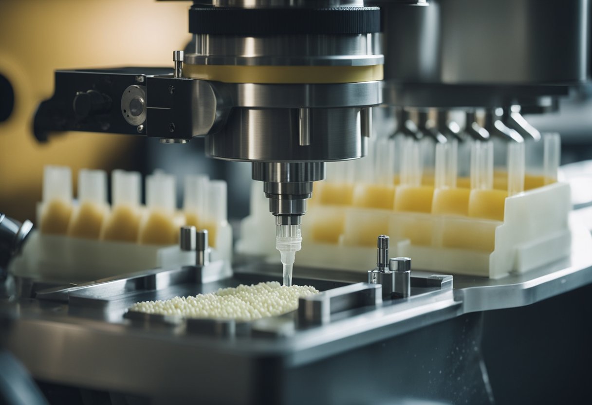 Mold material being injected into a machine, with plastic material flowing into the mold cavity