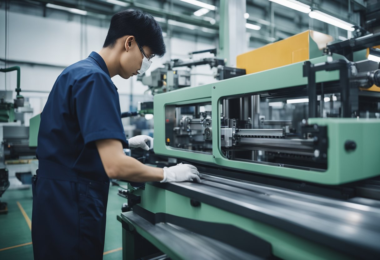 A factory worker operates a plastic injection molding machine in a bustling manufacturing plant in China