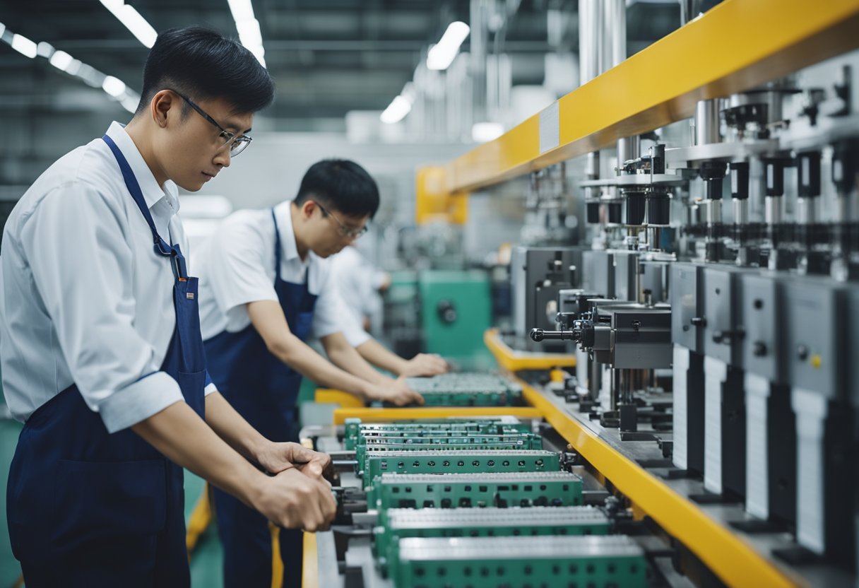 An engineer examines a row of injection molding machines at a Chinese factory, inspecting molds and discussing production with workers