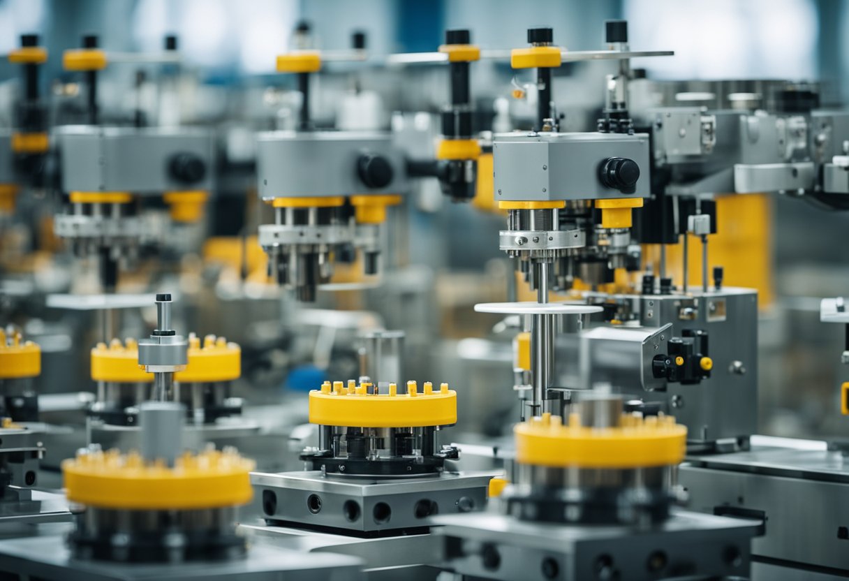 A row of small plastic mold injection machines in a factory setting