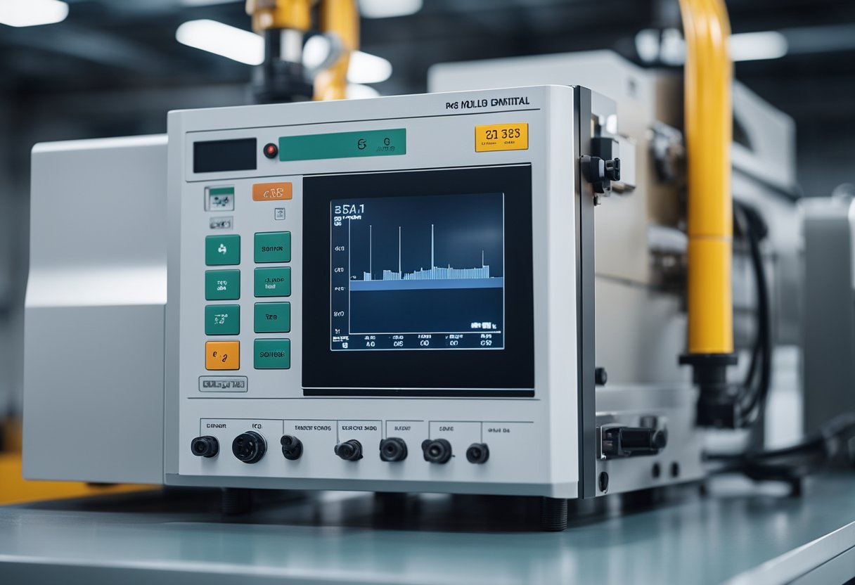 Mold temperature control unit connected to an injection molding machine. Temperature sensors and control panel visible