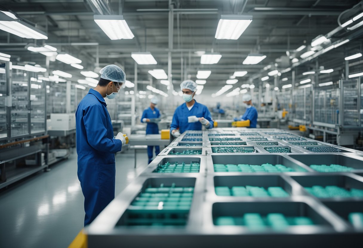 A busy factory floor with workers inspecting injection molds. Rows of shelves with different molds. Quality control equipment in the background