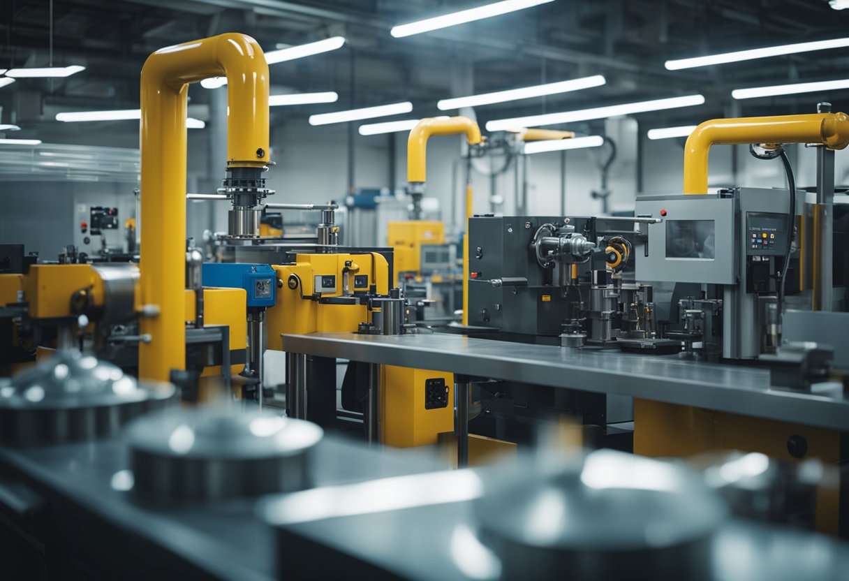 Machines inject molten plastic into molds, shaping products. Workers oversee the process in a factory setting