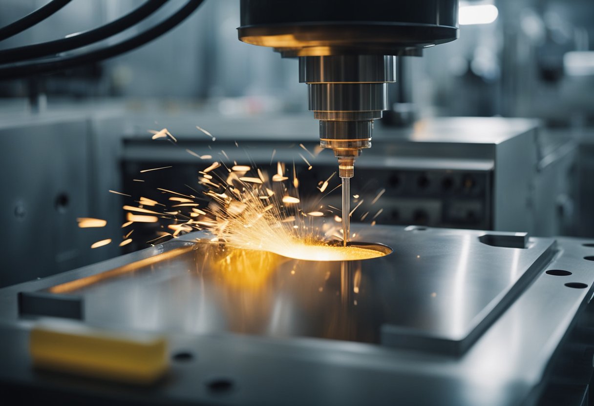 Molten plastic being injected into a metal mold, creating a plastic part through the process of plastic injection molding