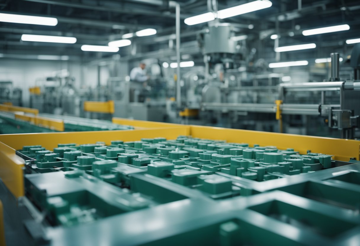 Machines mold plastic at a large factory. Conveyor belts move products through the assembly line. Workers oversee the process