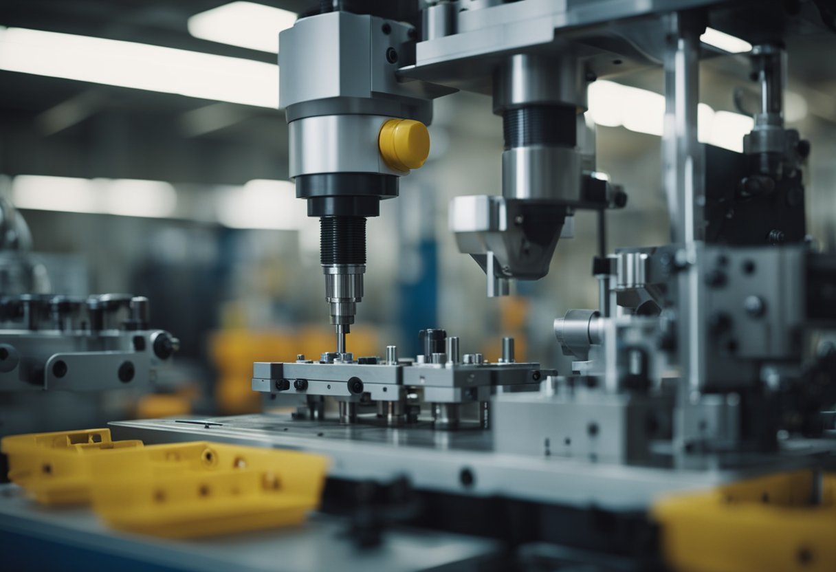 A plastic injection mold being created in a workshop, with machinery and tools surrounding the process