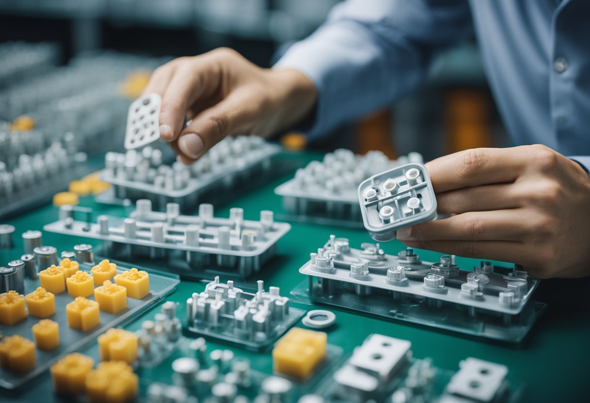 A person carefully examines various injection molds from a supplier in China, evaluating their reliability and quality