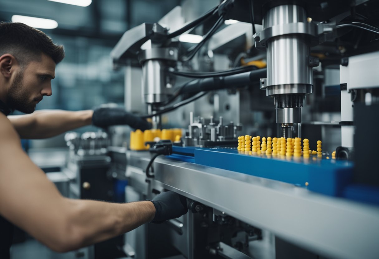 A technician operates an injection molding machine, melting plastic pellets to create automotive parts. Machinery and molds are visible in the background