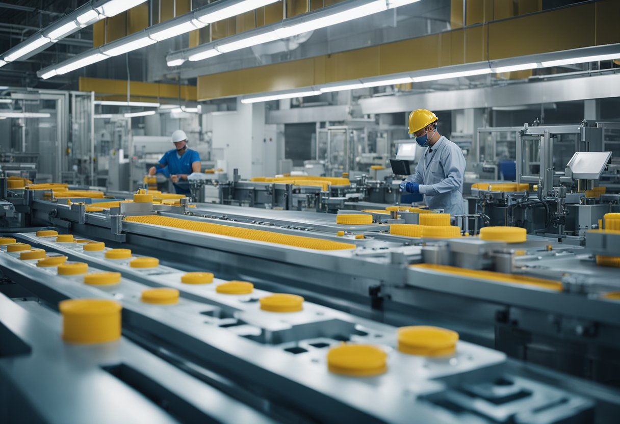 A factory floor with large machines and conveyor belts, workers assembling and inspecting injection molds, and stacks of finished molds ready for shipment