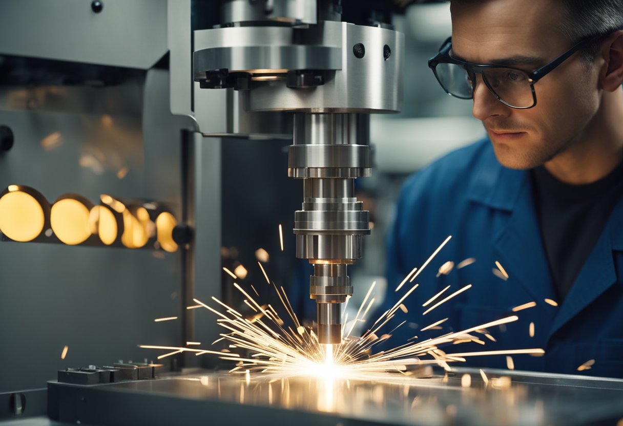 A machinist operates a CNC milling machine to create intricate details on a plastic injection mold. Sparks fly as the machine carves out the mold with precision