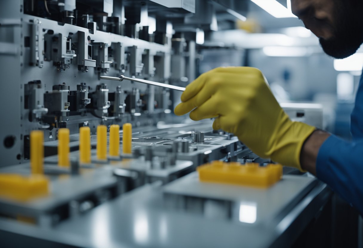 A technician carefully measures and inspects a plastic injection mold for design considerations