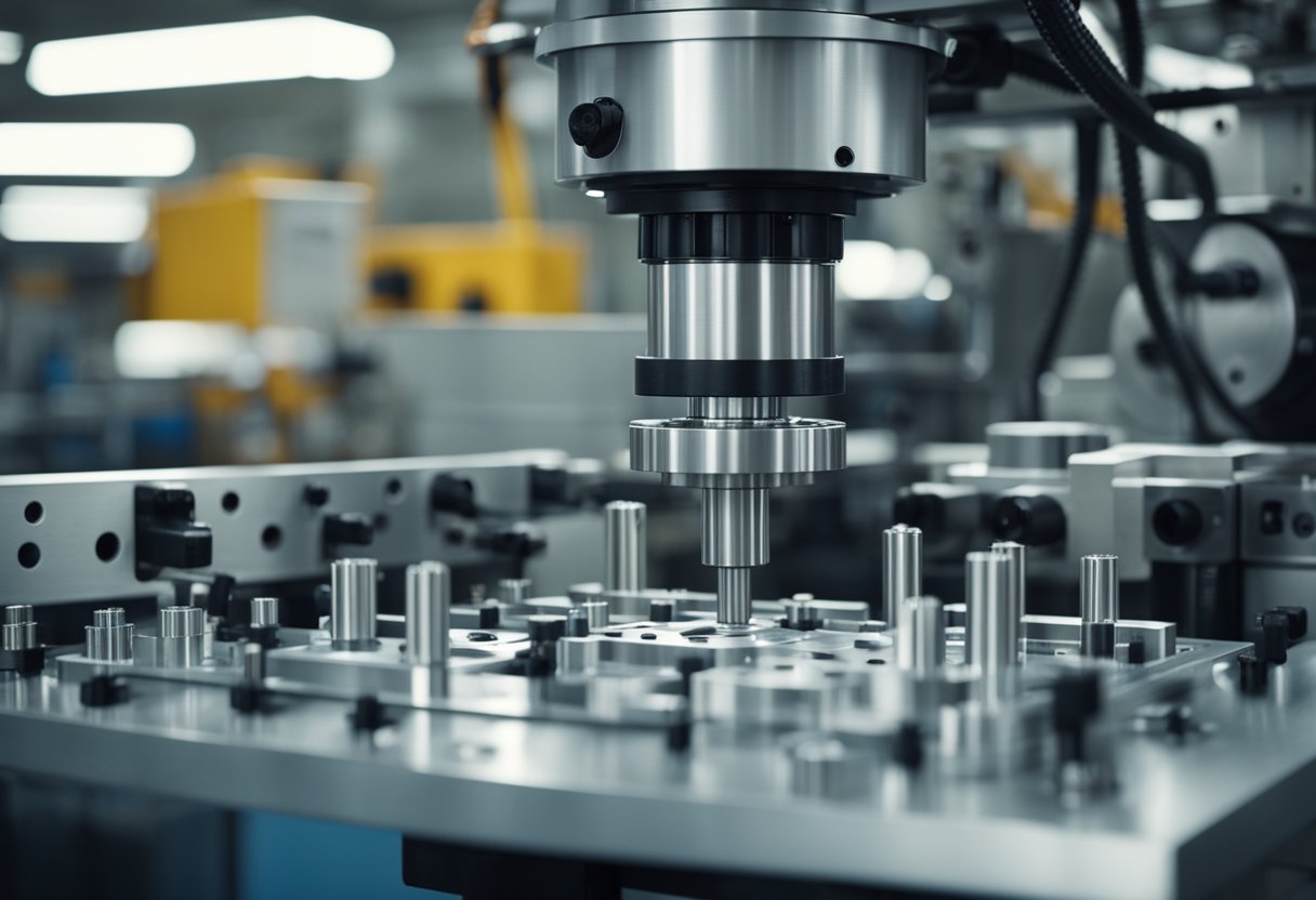 Plastic injection mold components being assembled by a machine in a factory setting