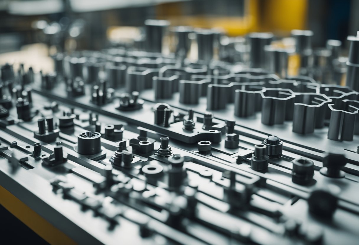 A plastic injection mold components arranged on a workbench, including ejector pins, guide pins, and sprue bushings