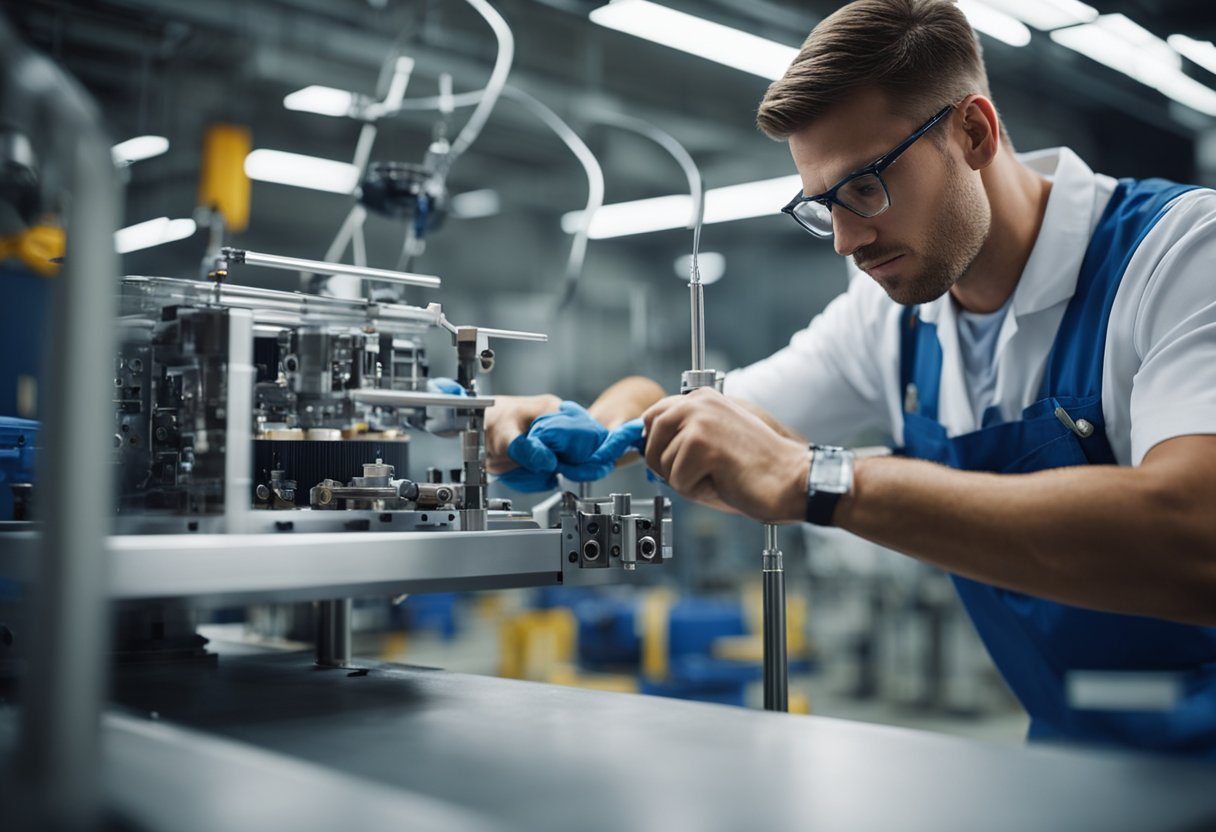 A technician performs routine maintenance on a plastic injection mold, inspecting and cleaning its components to ensure optimal performance