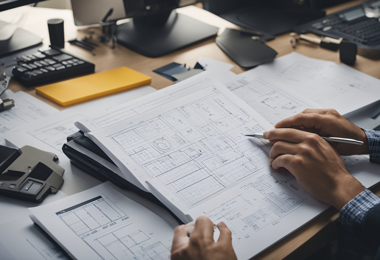 A mold designer sketches out injection mold design principles on a computer, surrounded by reference materials and tools