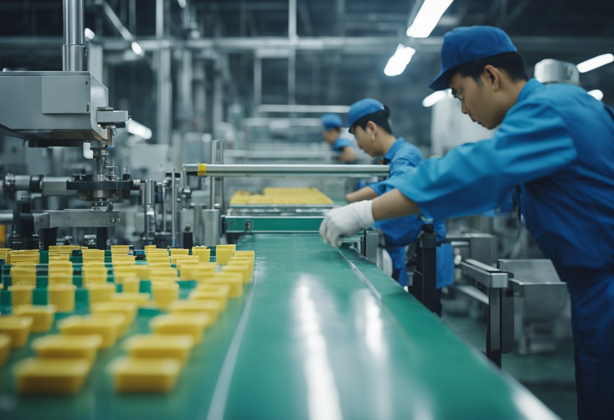 Machinery molds plastic in a large Chinese factory. Workers oversee the process