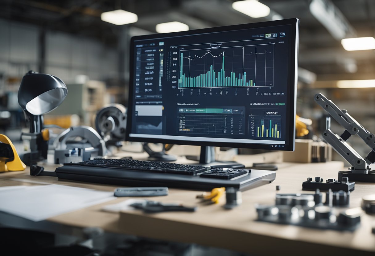 The injection mold tonnage calculation formula is displayed on a computer screen, surrounded by various tools and equipment in a well-lit engineering workspace