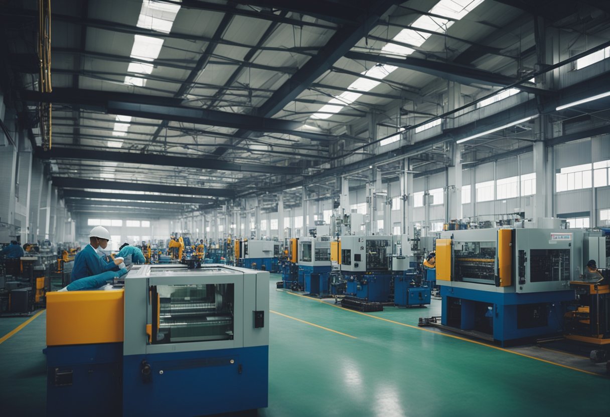 Multiple industrial buildings with large machinery and workers producing injection molds in a bustling factory setting in China