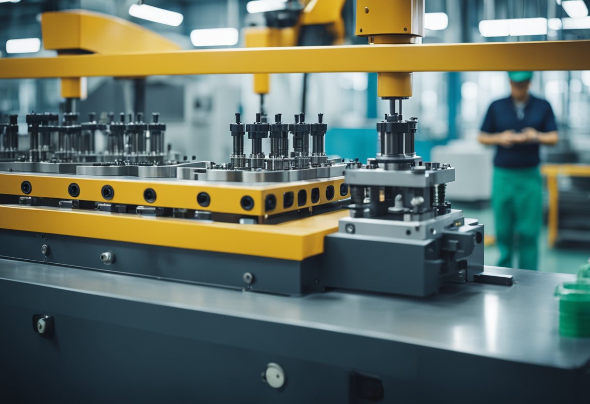 Machines and molds in a Chinese plastic injection molding factory, with workers overseeing production