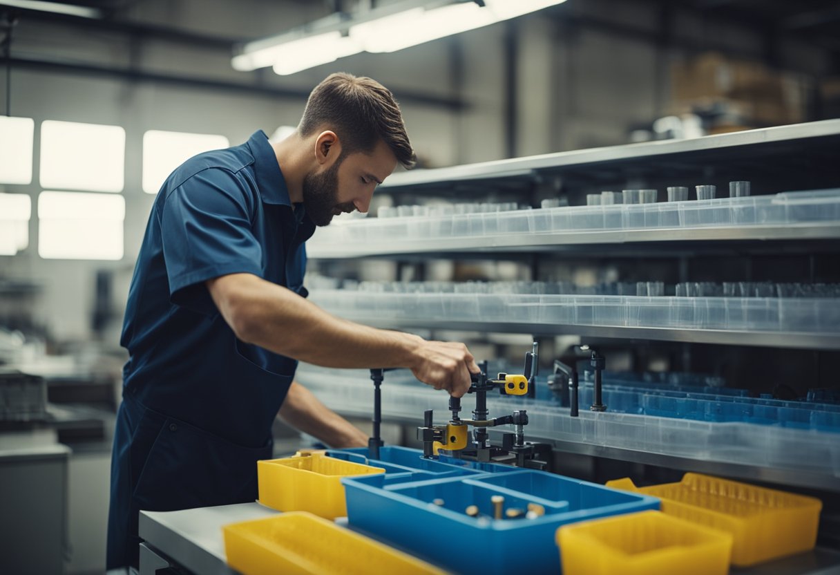 A technician selects a plastic injection mold maker from a shelf in a well-lit workshop