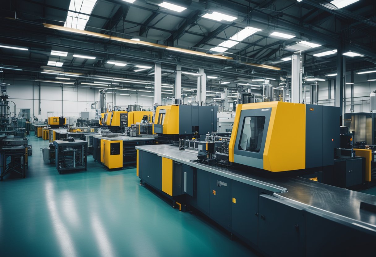 An industrial facility with large machines producing injection molds, surrounded by shelves of raw materials and finished products