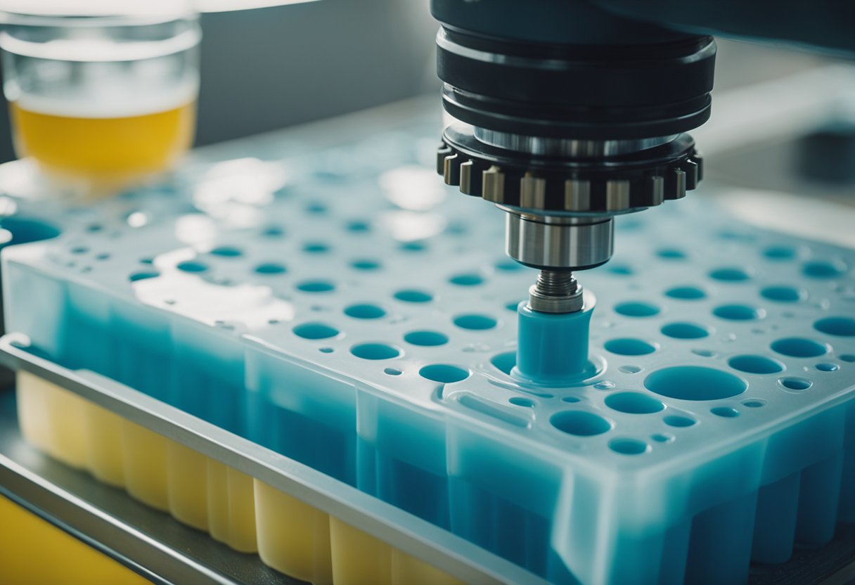 Silicone mold being filled with liquid plastic for injection. Machinery in the background