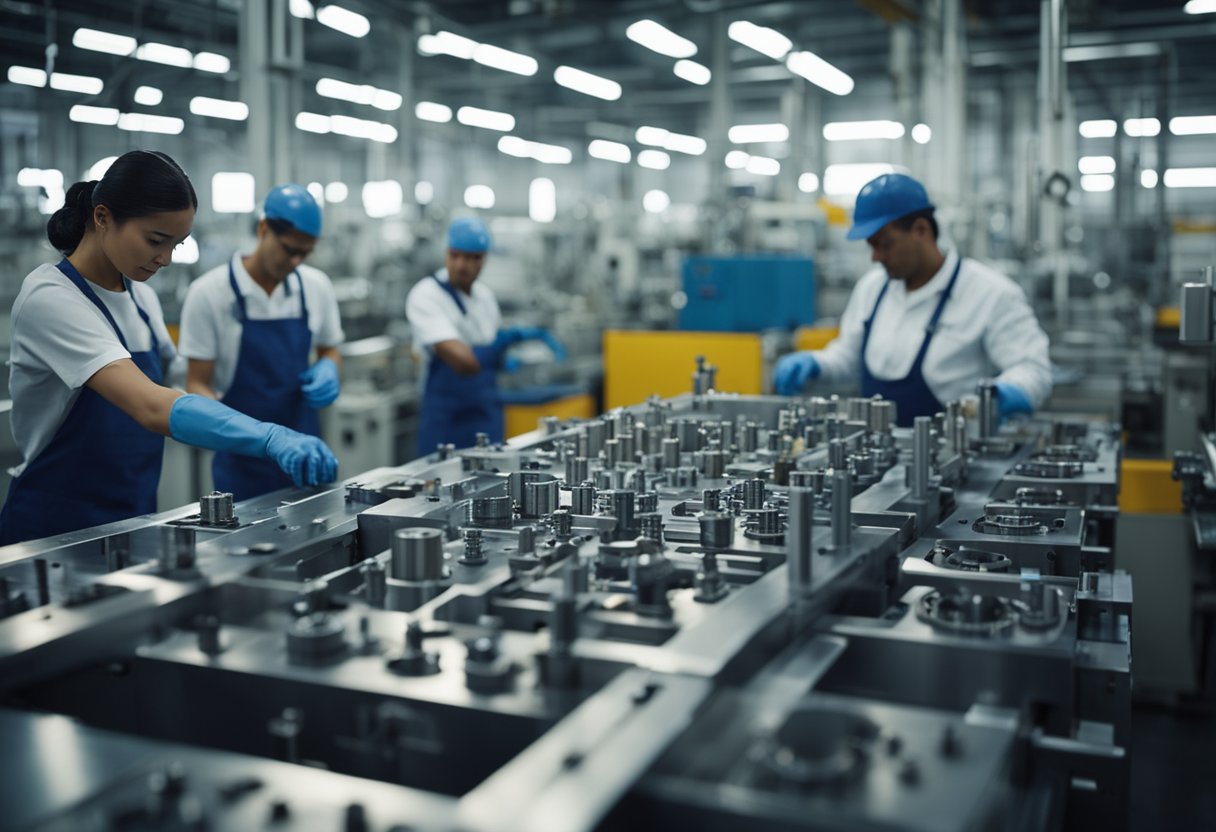 A busy factory floor with workers operating machinery to create custom injection molds. Materials being molded and assembled