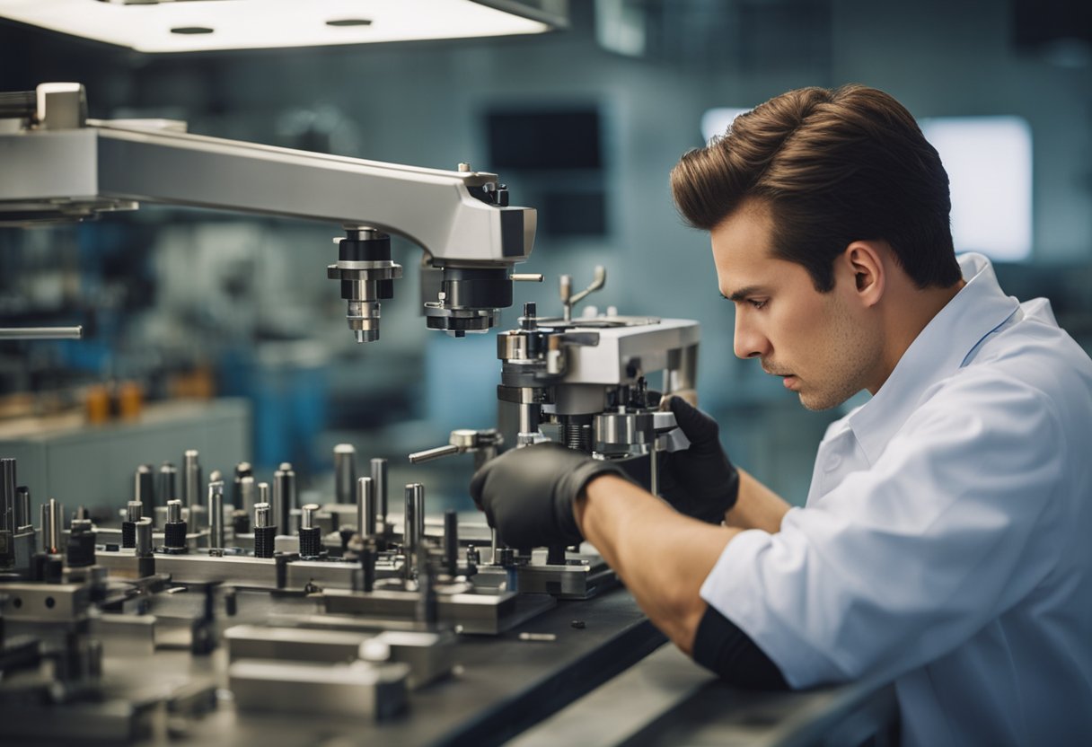 A technician repairs an injection mold tool with precision tools and equipment