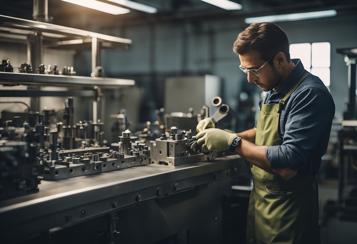 An engineer repairs an injection mold tool with precision tools and equipment in a well-lit workshop