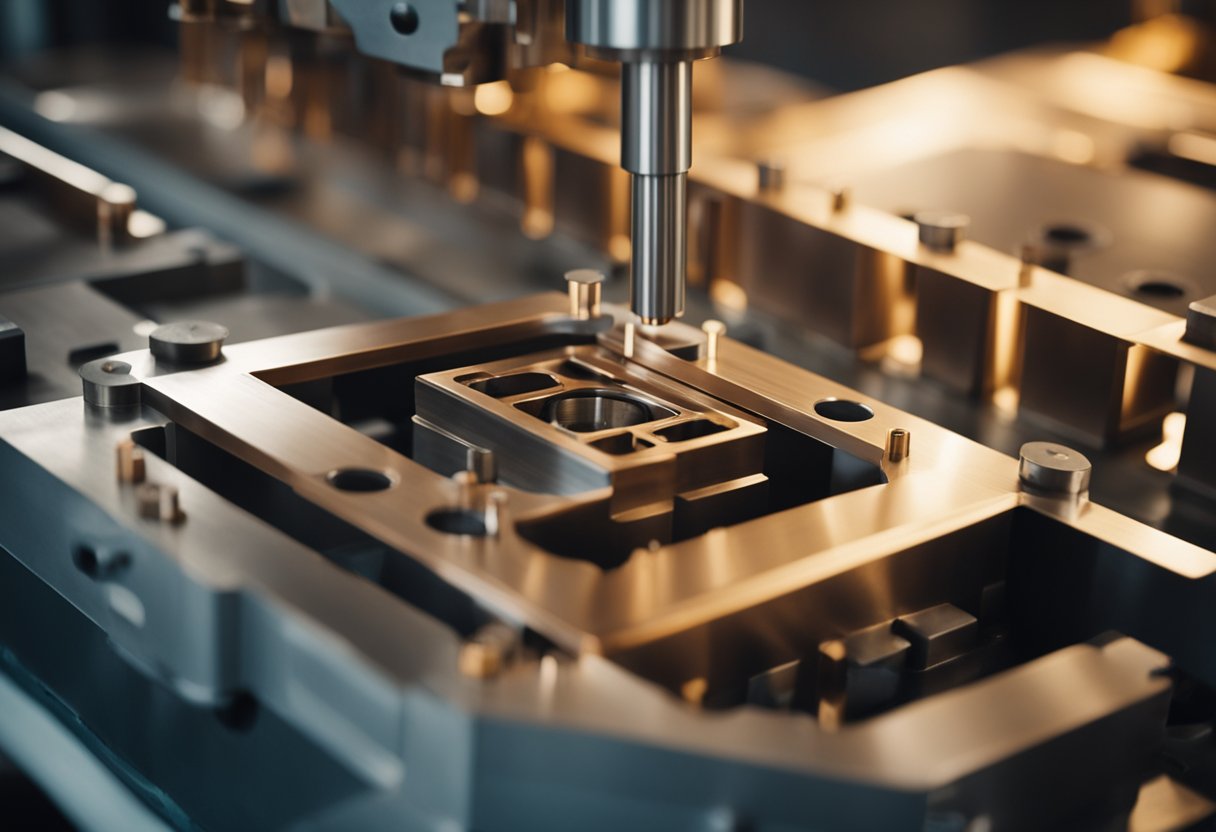 A beryllium copper injection mold being used in a manufacturing setting, with molten material being injected into the mold cavity