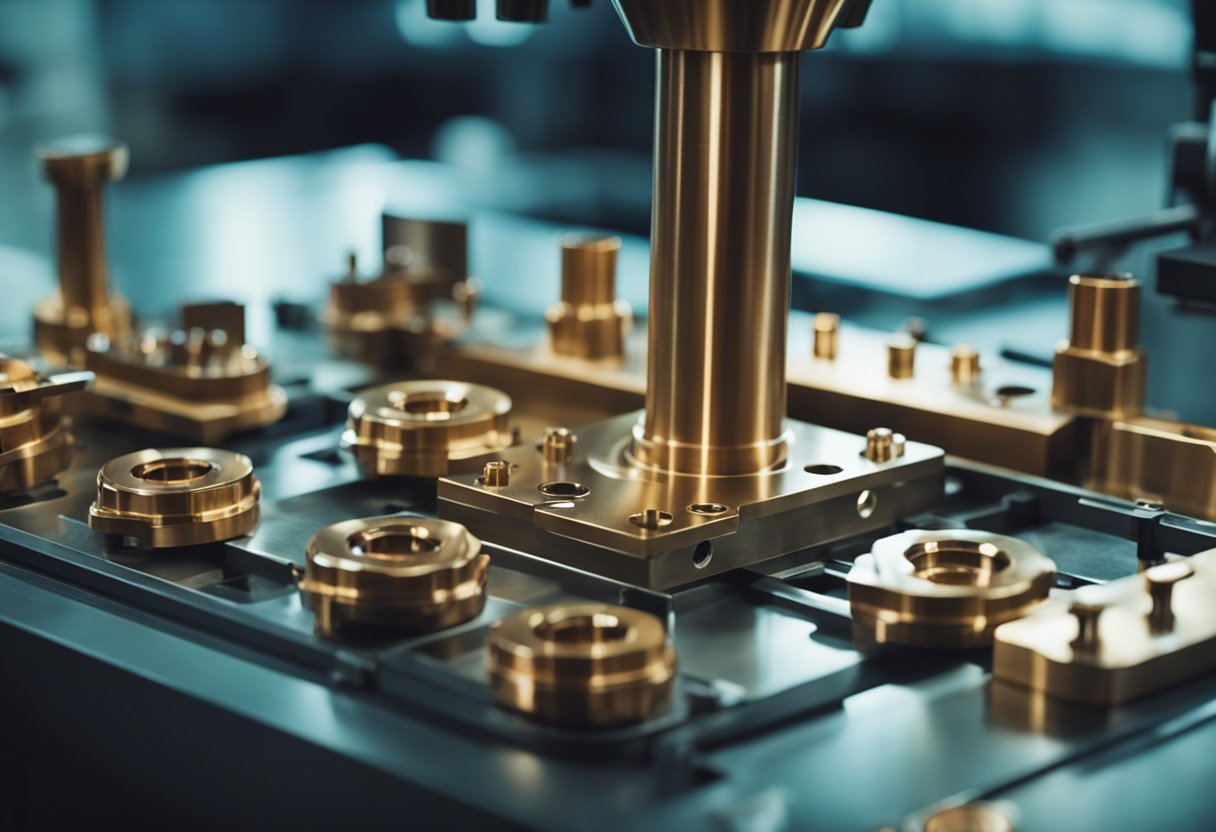 A close-up of a beryllium copper injection mold in a manufacturing setting