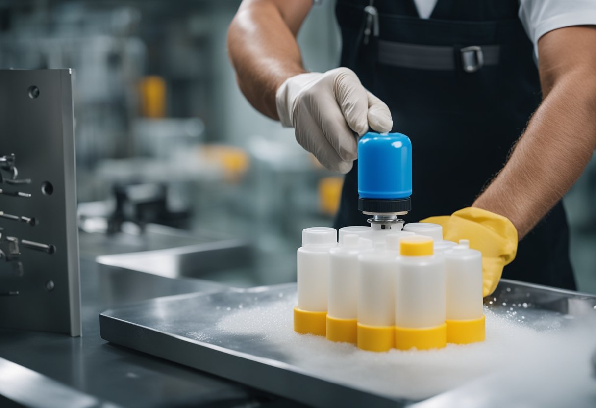 A technician sprays mold release agent onto an injection mold, ensuring smooth and easy removal of the finished plastic part