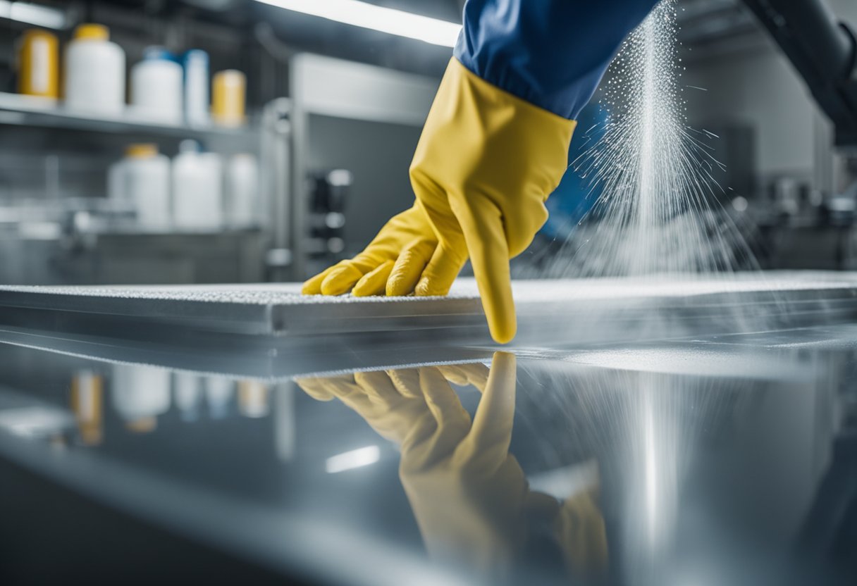 A mold release agent is sprayed onto the mold surface before injection molding. It forms a thin film to prevent the molded part from sticking to the mold