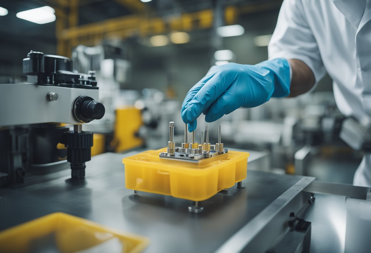 A worker applies mold release agent to an injection molding tool