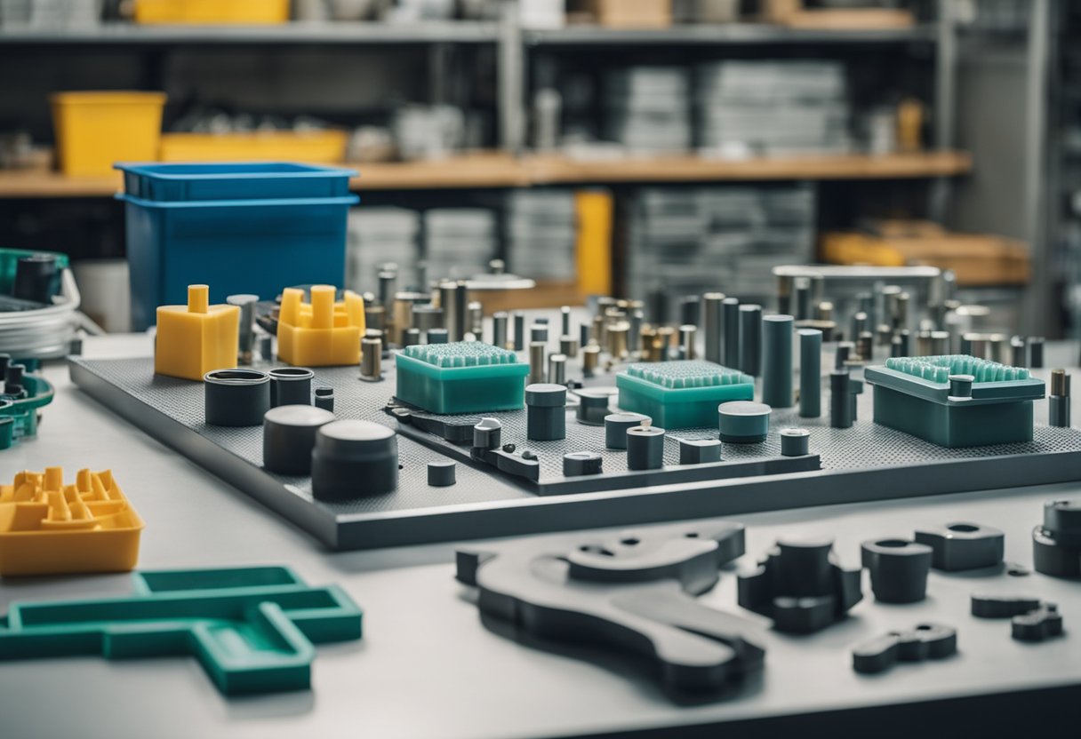 Mold materials arranged on a workbench. Steel, aluminum, and plastic molds of different sizes and shapes. Tools and equipment for injection molding nearby